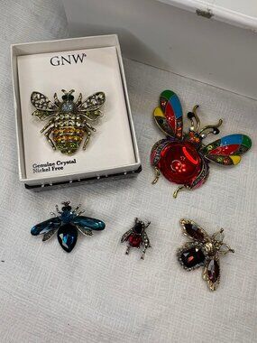 Bug & Insect Brooch Lot of 5, Bee Ladybug Beetle Pins, Crystal Rhinestone